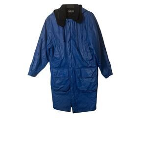 Nautica Raincoat Mens Size M Blue Heavyweight Lined Hood Mid Length Pockets